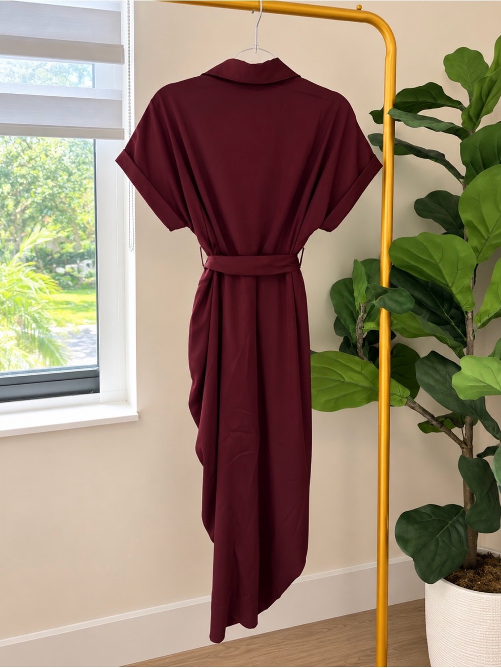 RIVIR Burgundy Draped Midi Shirt Dress Belted Asymmetrical NWT - Picture 3 of 3